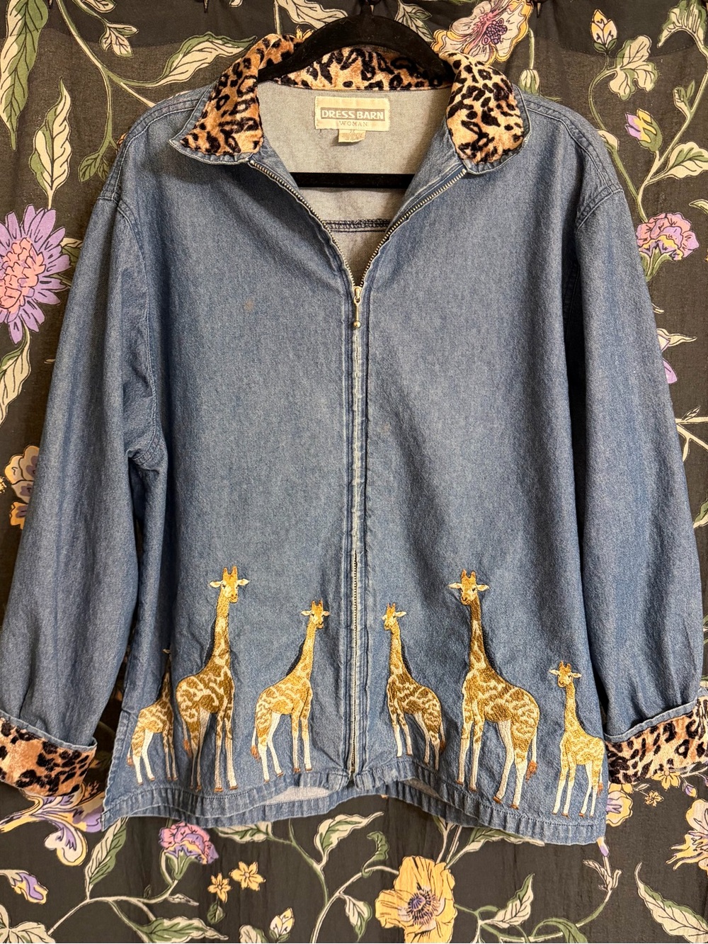 Dress Barn - Denim Zip Jacket with Leopard Collar Giraffe Embroidery